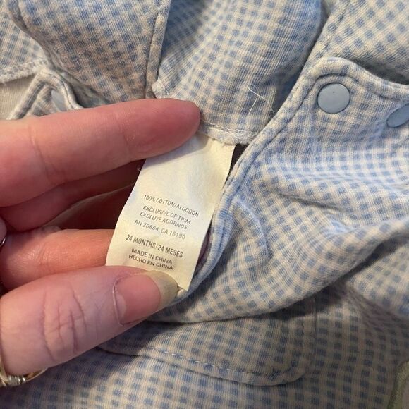 Vintage gingham blue with checkered shortfalls romper 24 months Dino dinosaur - Picture 9 of 10